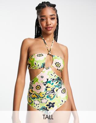 Topshop Tall 60's Floral Keyhole Cut Out Swimsuit-multi