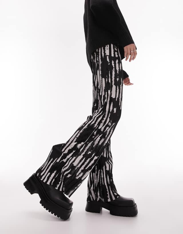 Topshop Tall abstract zebra print plisse straight leg pants in multi