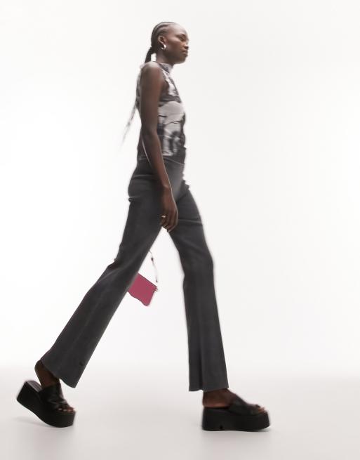 Topshop Tall acid wash rib straight leg trouser in charcoal