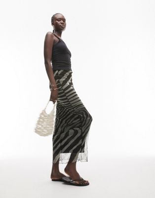 Topshop Tall Animal Cut About Zebra Midi Mesh Skirt In Midi-multi