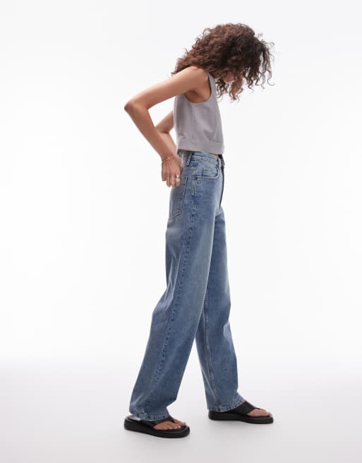 Topshop Tall - Baggy jeans met hoge taille in extreem mid blauw 