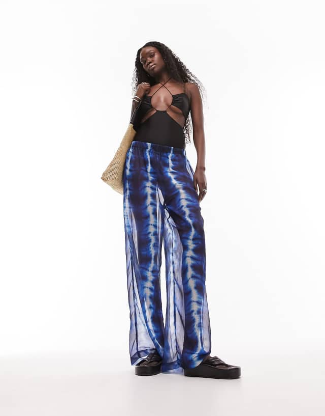 Topshop Tall batik print chiffon beach pants in blue - part of a set