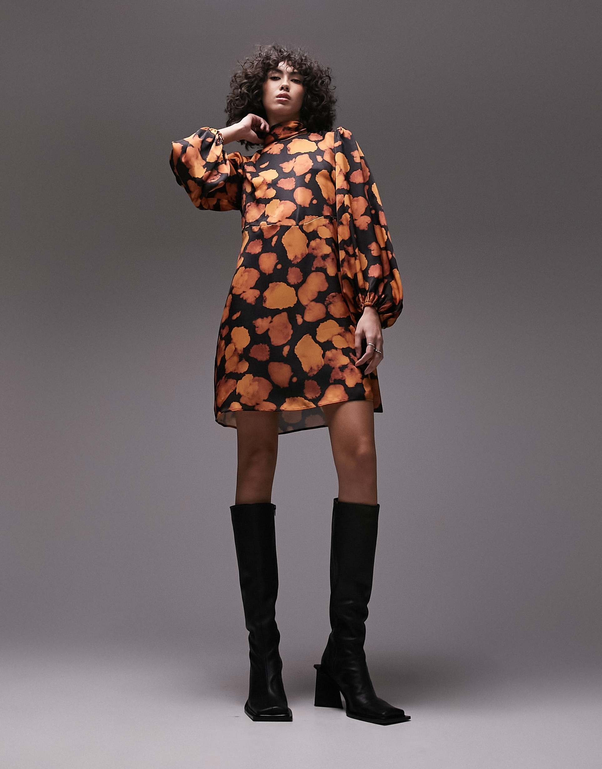 topshop tall bell sleeve printed mini dress in multi