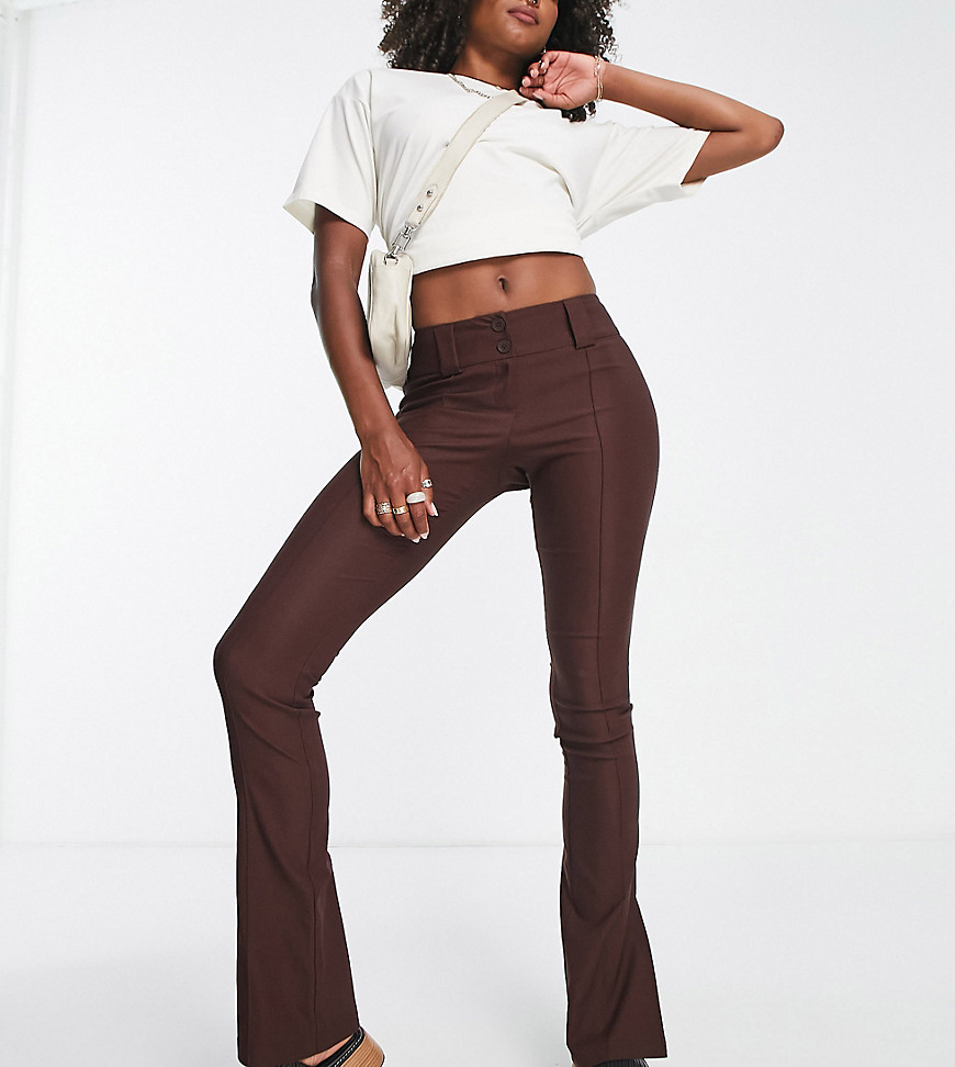 Topshop Tall bengaline double button low rise flare trouser in chocolate-Brown