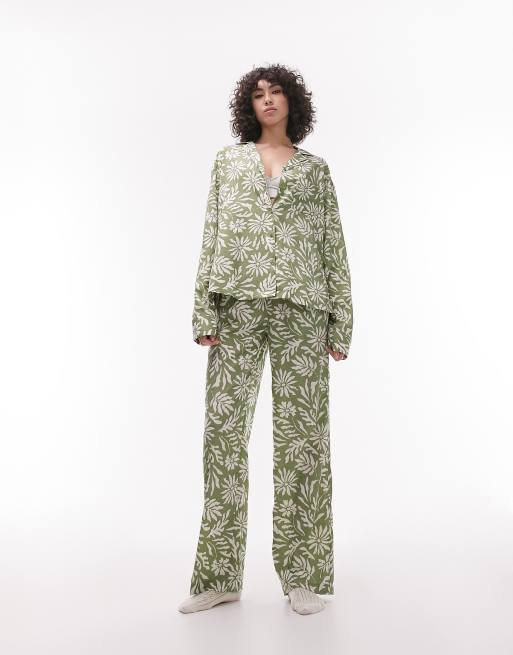 Topshop Tall block floral print shirt and trouser pyjama set in green ASOS