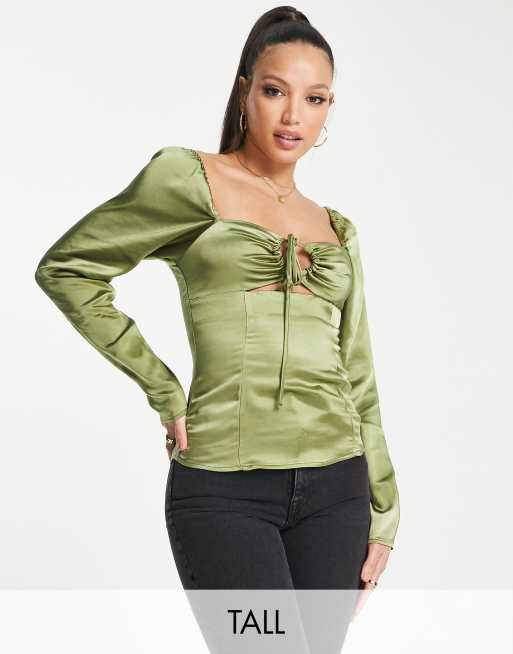 Topshop Tall - Blouse met kleine uitsnijding en halternek in kaki