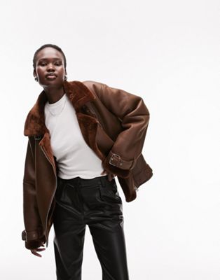 Topshop Tall faux leather shearling aviator biker jacket in chocolate - ASOS Price Checker