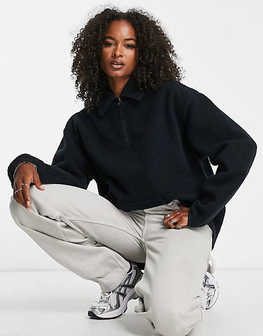 Topshop Tall borg zip collar sweat in slate,  ASOS, jumpers for tall women