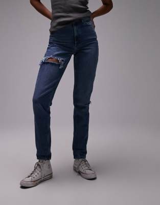 Topshop Tall - Brixton - Mom-Jeans in Mittelblau mit Zierriss