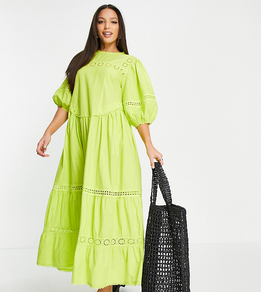Topshop Tall Broderie Oversized Chuck On Maxi Dress In Chartreuse-Green