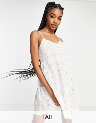 Topshop tall Broderie tiered mini beach dress in white - ASOS Price Checker