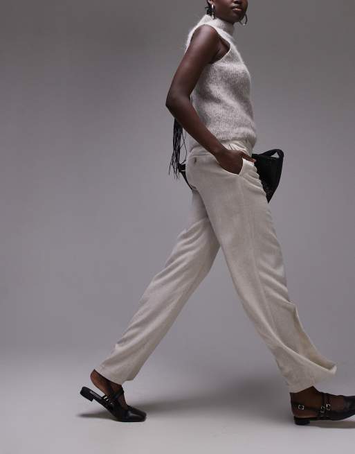 Topshop Tall - Broek van linnenmix met lage taille en knopen in naturel