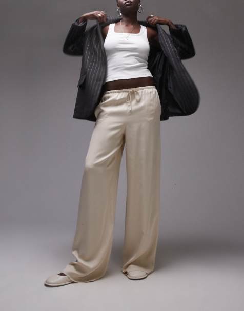 Topshop Tall- Broek van satijn met trekkoord in gebroken wit - view 1