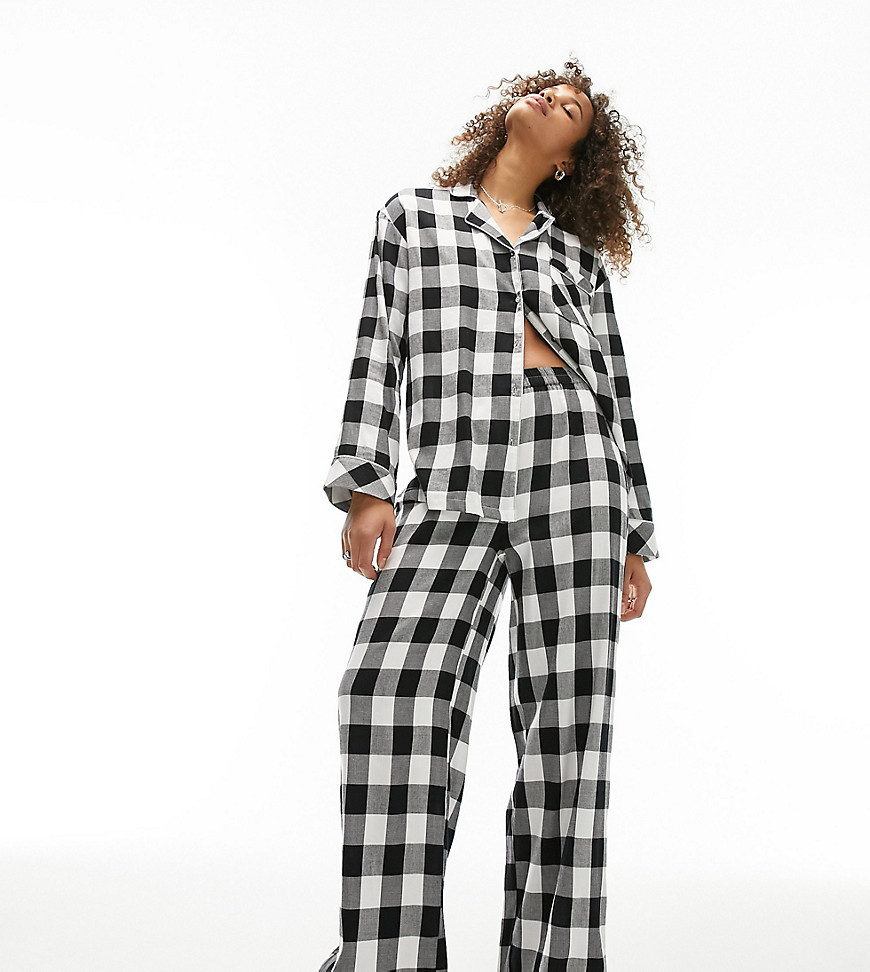 Topshop Tall brushed check piped shirt and pants pajama set in monochrome-Multi