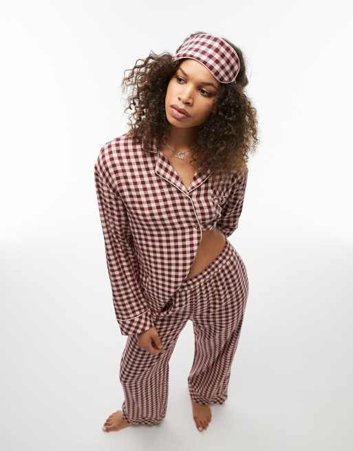 Topshop tall brushed check piped shirt and pants pajama set with