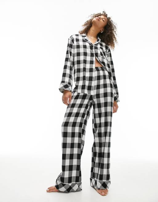 Topshop Tall brushed check piped shirt and pants pyjama set in monochrome