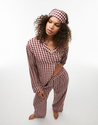 Topshop tall brushed check piped shirt and trouser pyjama set with eye mask and gift bag in burgundy - ASOS Price Checker