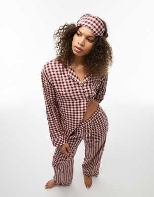 Topshop tall brushed check piped shirt and trouser pyjama set with eye mask and gift bag in burgundy