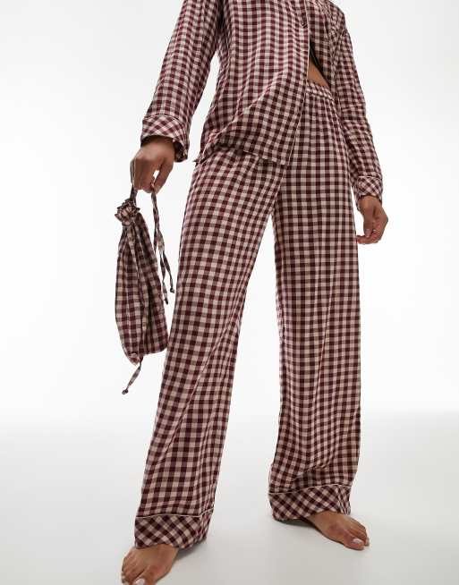 Topshop Tall brushed check piped shirt and trouser pyjama set with eye mask and gift bag in burgundy