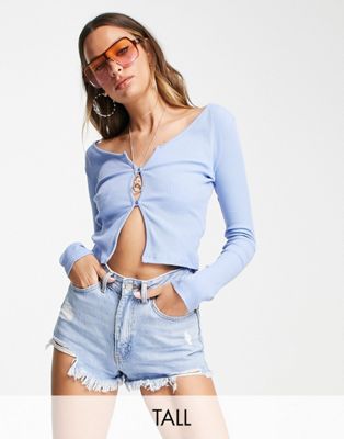 Topshop Tall button front notch long sleeve top in pale blue