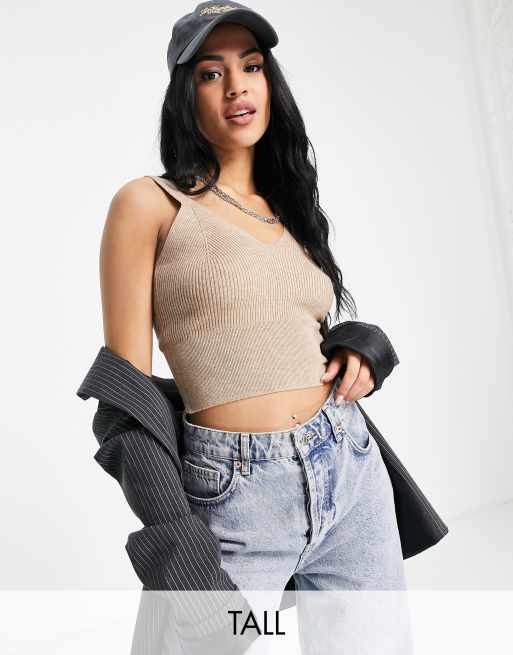 Topshop Tall - Canotta in maglia con spalline sottili color visone