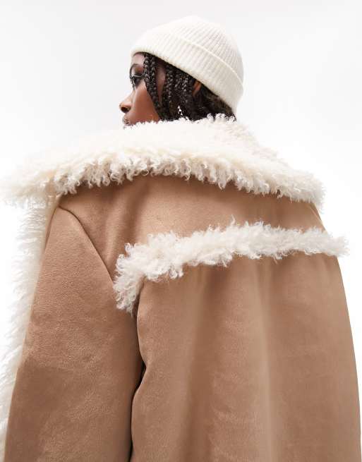 Topshop Tall - Cappotto di media lunghezza in pelle sintetica color cuoio anni '70