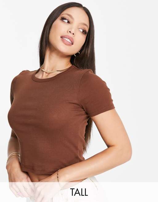Topshop Tall – Chokladbrun, vardaglig t-shirt i lång modell