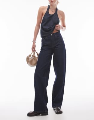 Topshop Topshop Tall Cinch low rise relaxed jean in raw look indigo-Blue