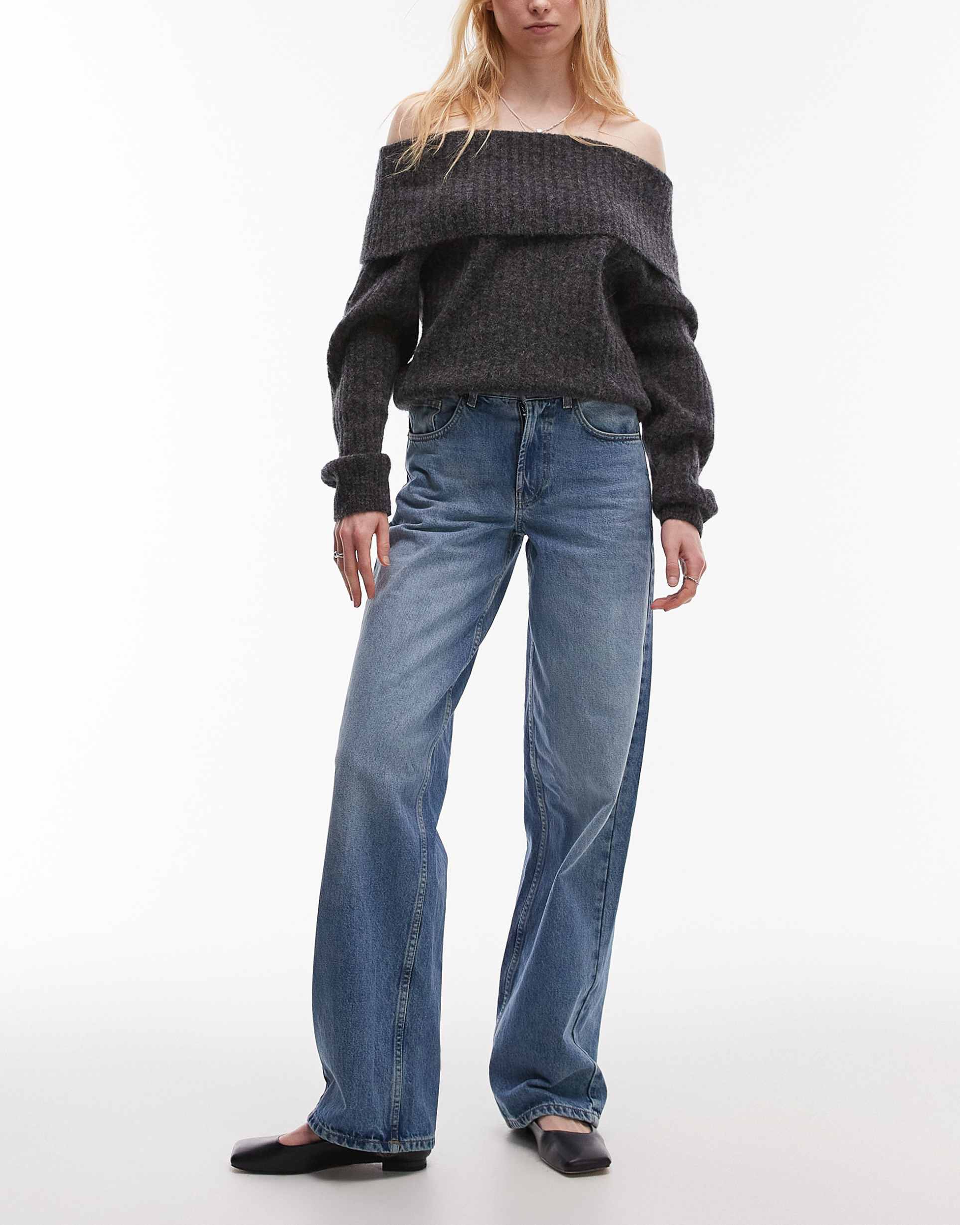 topshop tall cinch low rise relaxed jeans in mid blue