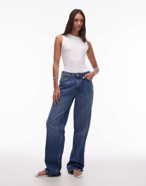 Topshop Tall cinch low rise relaxed jeans in mid blue - view 1
