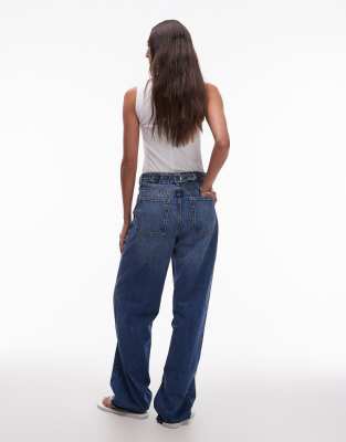 Topshop Tall Cinch Low Rise Relaxed Jeans In Blue