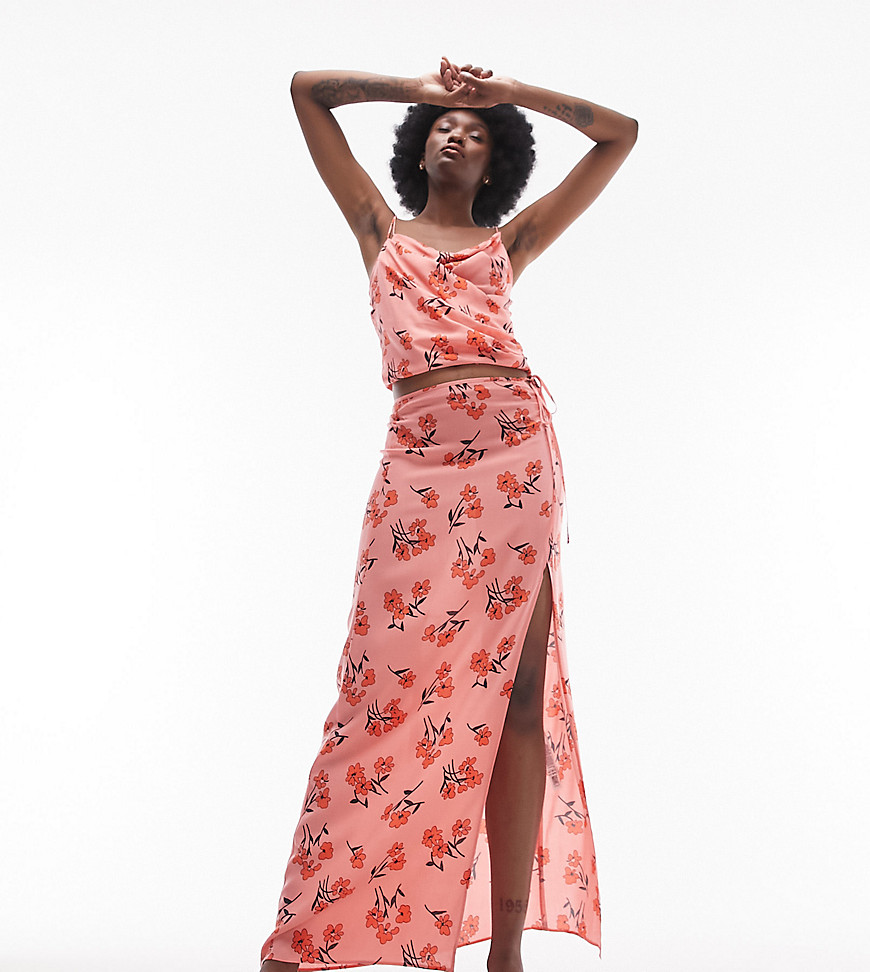 Topshop Tall co-ord cherry blossom split maxi skirt in pink