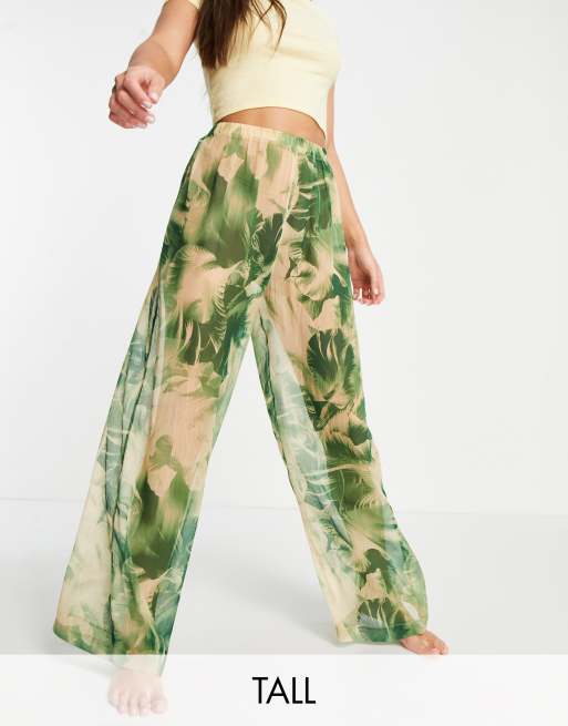 Topshop tall co-ord palm print chiffon beach trousers in multi