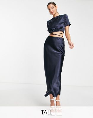 Topshop Tall co-ord satin bias skirt in navy