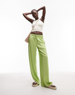 Topshop Tall Topshop Tall co-ord satin cord waist wide leg trouser in lime-Green