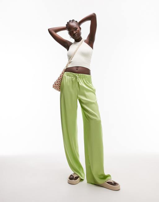 Topshop Tall co-ord satin cord waist wide leg trouser in lime 