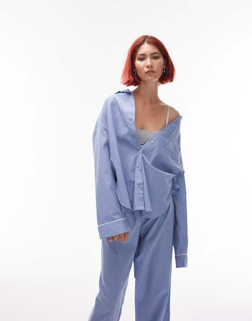 Topshop Tall cotton stripe shirt and trouser pyjama set in tonal blue