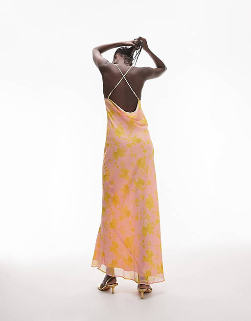 Topshop Tall cowl neck cami maxi slip dress in pink and yellow