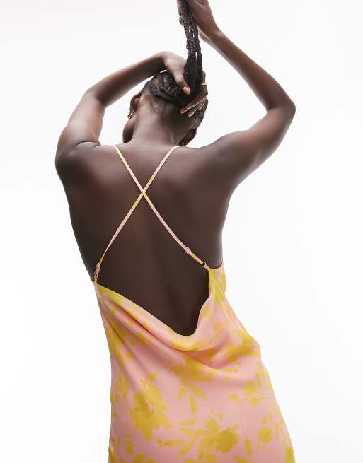 Topshop Tall cowl neck cami maxi slip dress in pink and yellow print