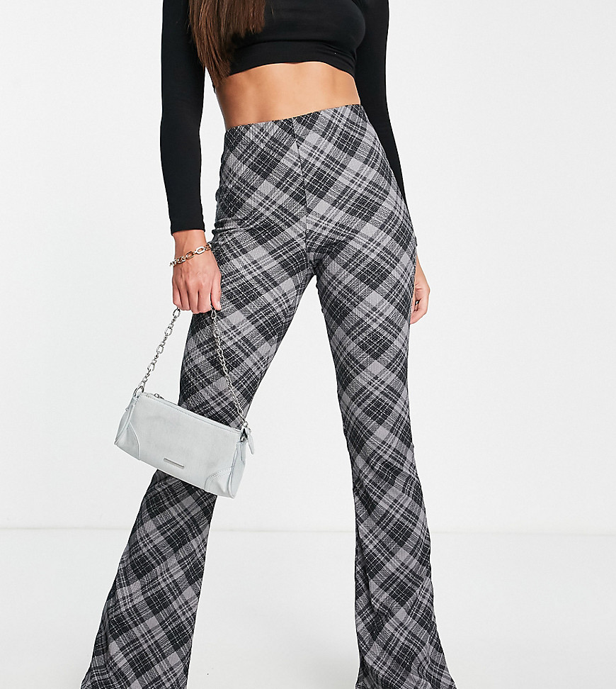 Topshop Tall crinkle check flared pants in black