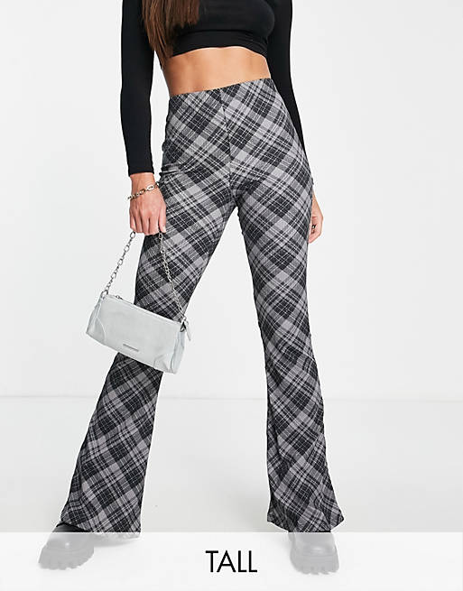 Trousers & Leggings Topshop Tall crinkle check flared trousers in black 