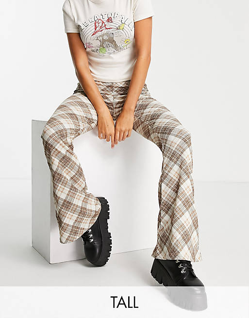 Topshop Tall crinkle check print flared trousers in cream