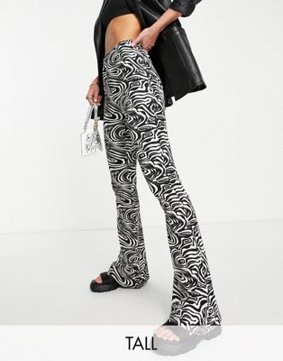 Topshop Tall crinkle flared trouser in swirl print