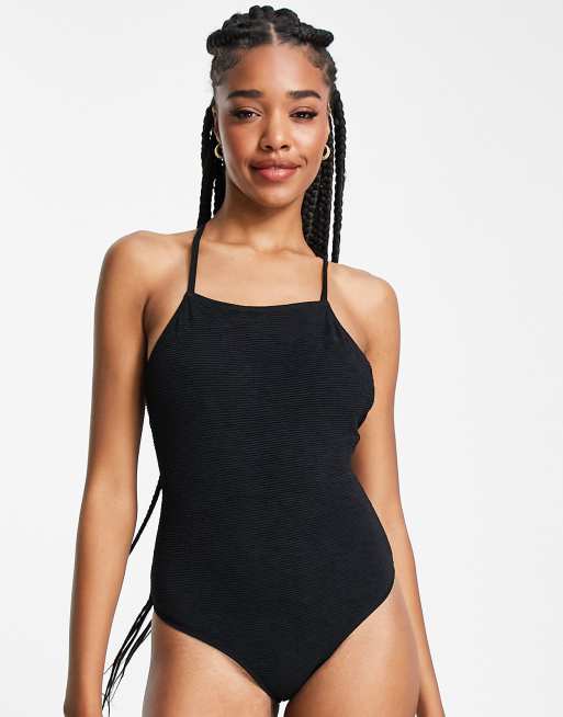 Topshop square neck ribbed bodysuit in black