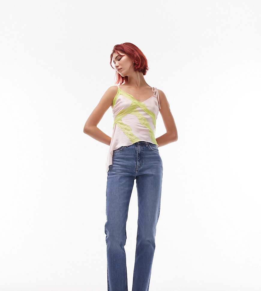 Topshop Tall cropped mid rise straight jeans with raw hems in mid blue
