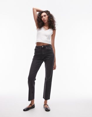 Topshop Tall Cropped Mid Rise Straight Jeans With Raw Hems In Washed Black
