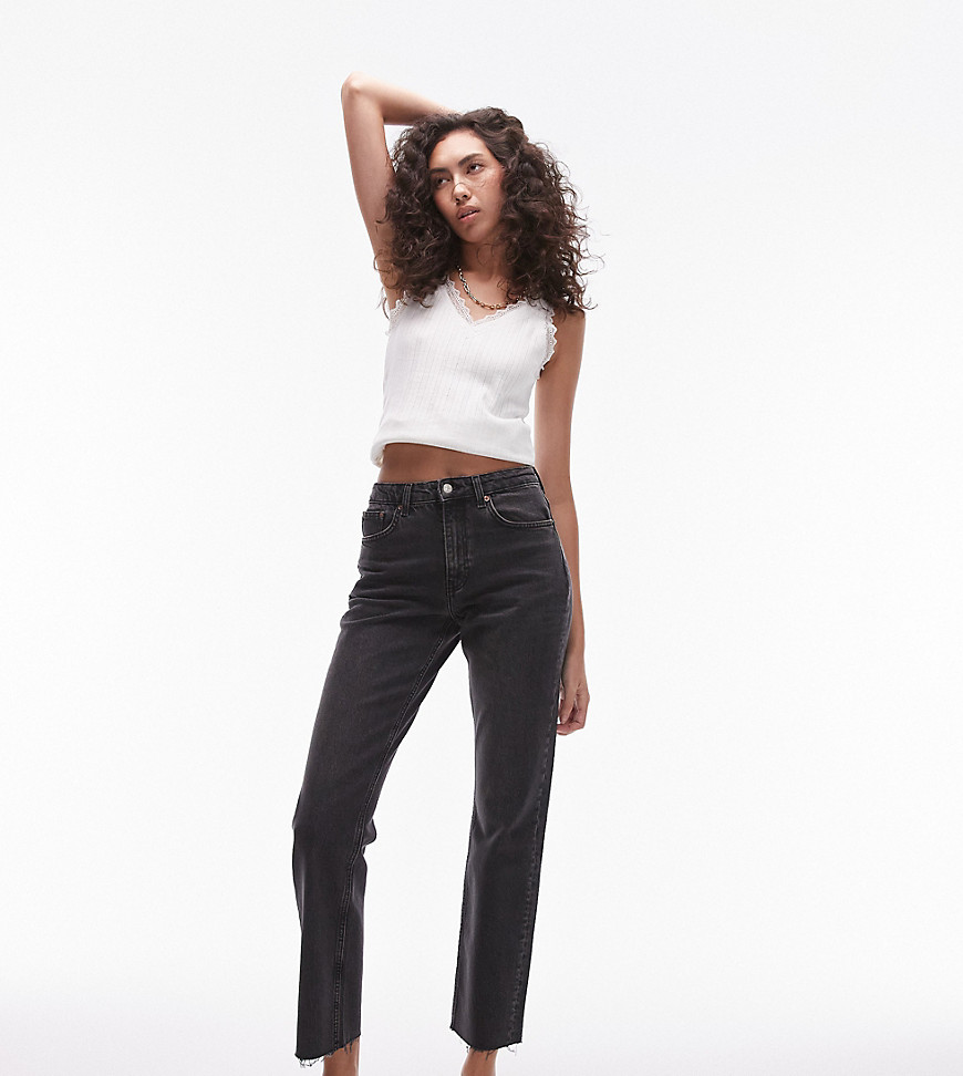 Topshop Tall cropped mid rise straight jeans with raw hems in washed black