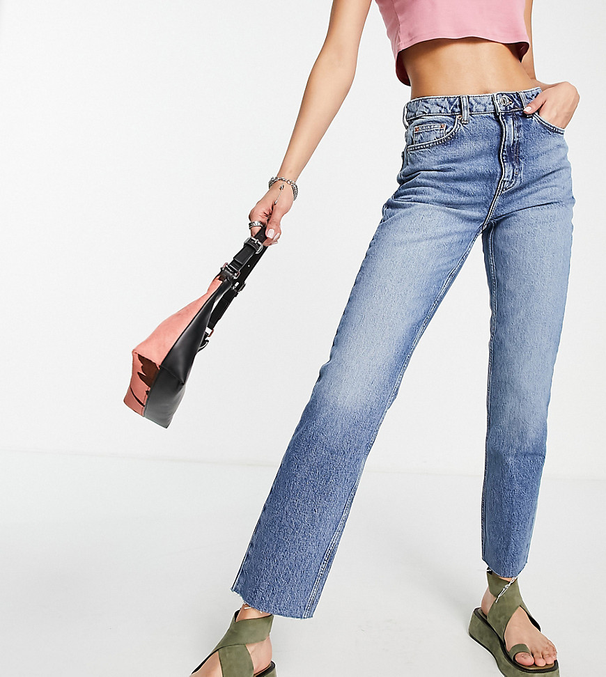 Topshop Tall cropped mid rise with raw hems straight jean in mid blue