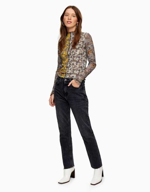 Topshop Tall cropped mid rise with raw hems straight jean in washed black
