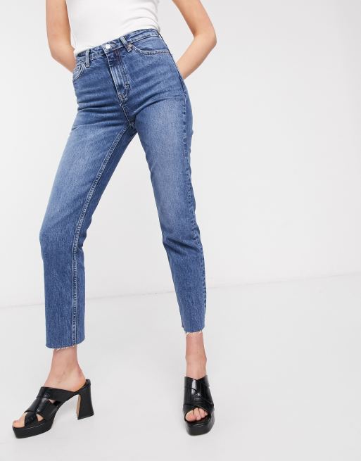 Topshop Tall cropped mid rise with raw hems straight jeans in mid